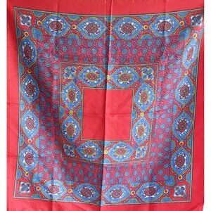 Vintage c.1960s Mod Japanese Geometric Square Scarf Hand-Rolled Edges Bold Red B